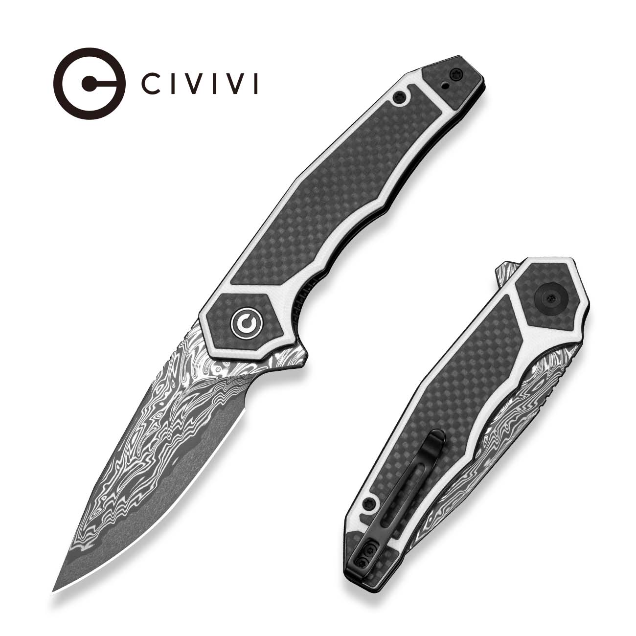 CIVIVI Aetherflux Flipper Knife White G10 With Twill Carbon Fiber Handle (3.28" Damascus Blade) C25045 Sample2