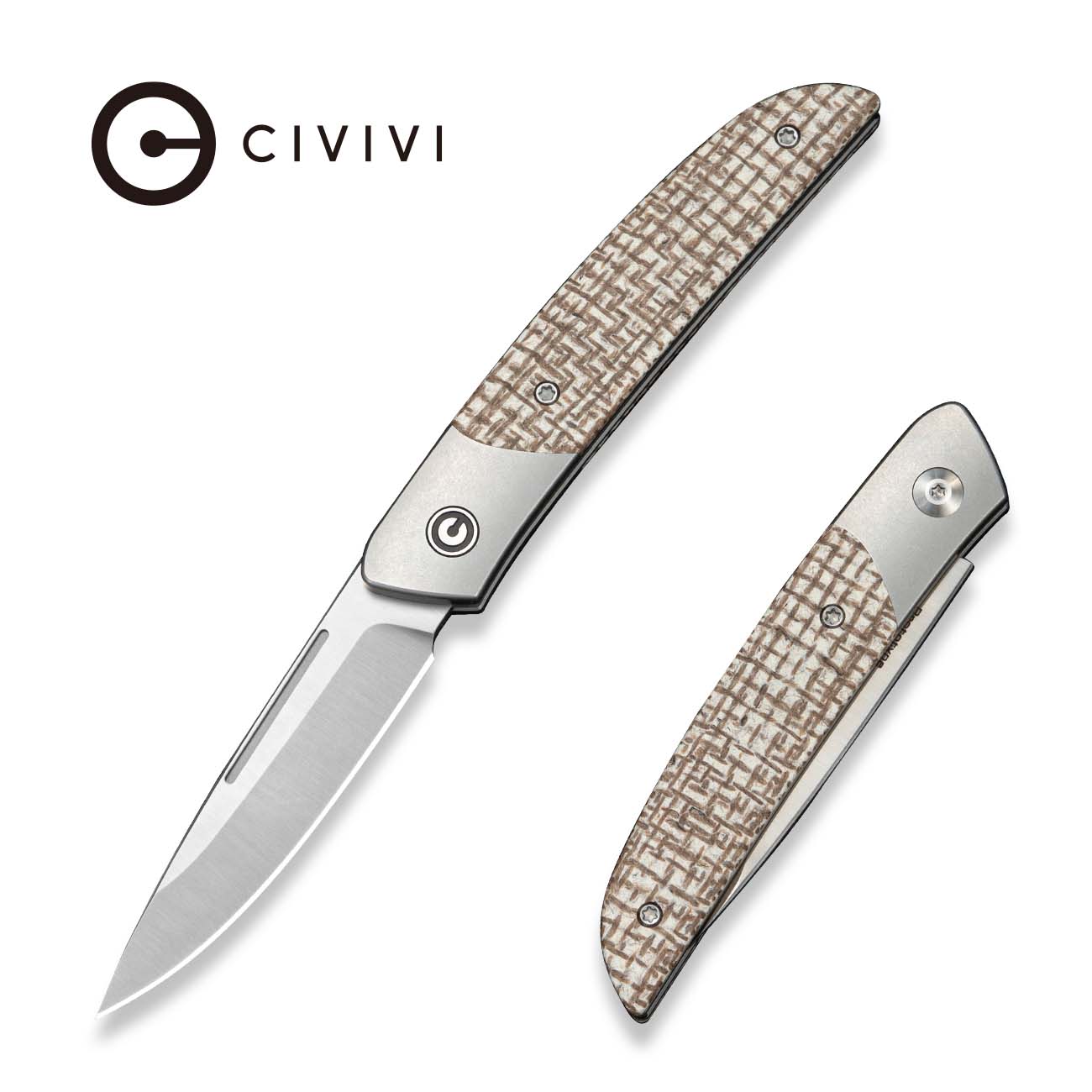 CIVIVI Aevren Gray Stainless Steel With Burlap Micarta Inlay (2.98" Satin Finished Nitro-V Blade) C25094B Sample1