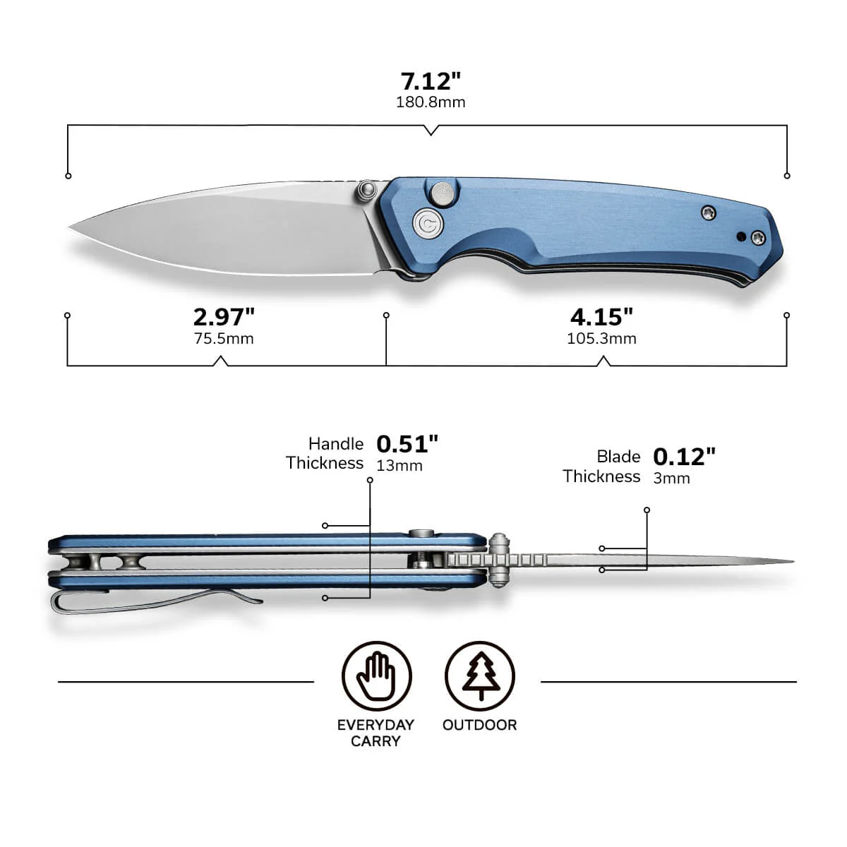 CIVIVI Altus Button Lock & Thumb Stud Knife Aluminum Handle (2.97" Nitro-V Blade) C20076-6 - Image 2