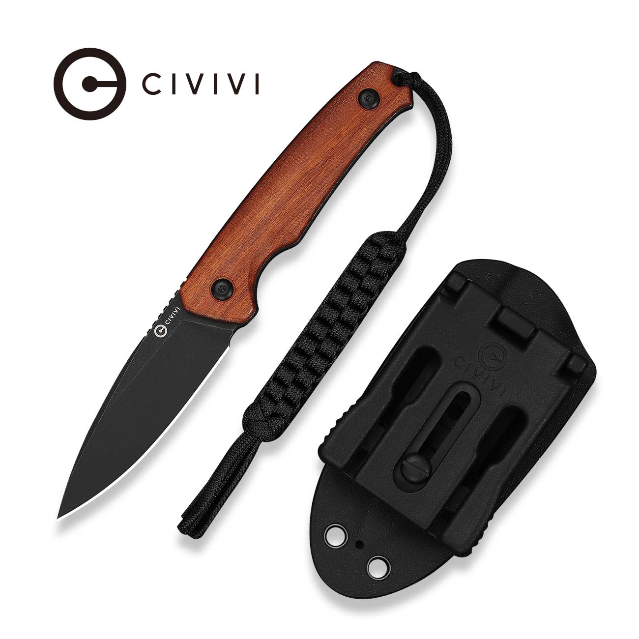 CIVIVI Altus Fixed Blade Knife Guibourtia Wood Handle (2.99" Black Stonewashed 14C28N Blade) C20076B-3, With 1PC Black Lanyard, Black Kydex Sheath & T-Clip