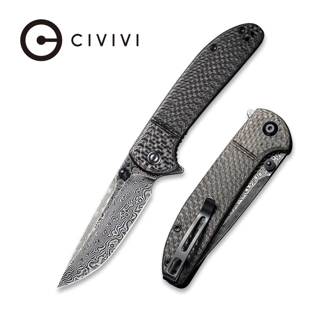 CIVIVI Badlands Vagabond Flipper & Thumb Stud Knife Carbon Fiber Handle (3.25" Damascus Blade) C2019DS-1