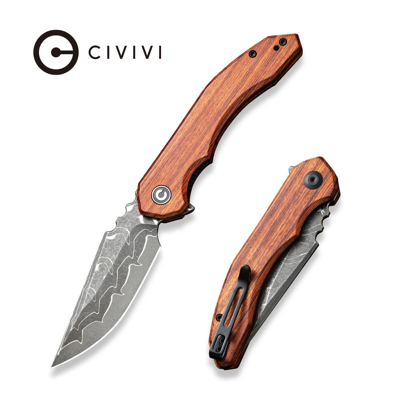 CIVIVI Bluetick Flipper Knife Wood Handle (3.47" Damascus Blade) C23050-DS1