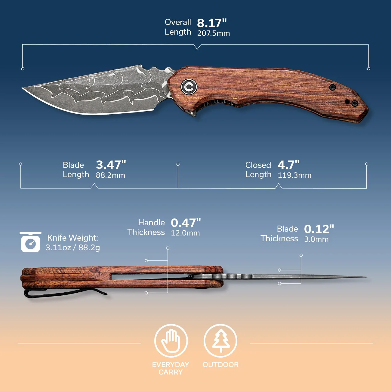 CIVIVI Bluetick Flipper Knife Wood Handle (3.47" Damascus Blade) C23050-DS1 - Image 2