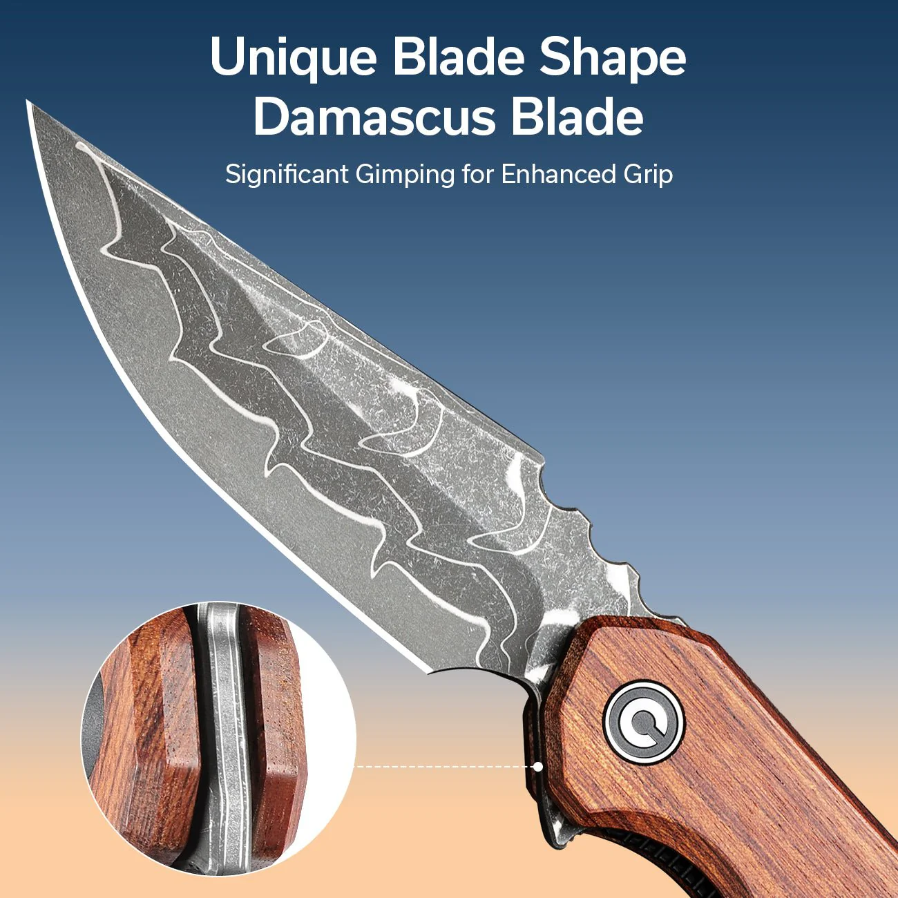 CIVIVI Bluetick Flipper Knife Wood Handle (3.47" Damascus Blade) C23050-DS1 - Image 3
