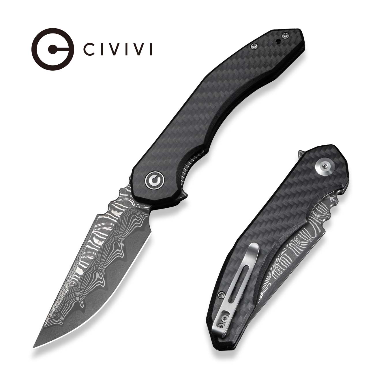 CIVIVI Bluetick Flipper Knife Carbon Fiber Overlay On Black G10 Handle (3.47" Damascus Blade) C23050-DS2