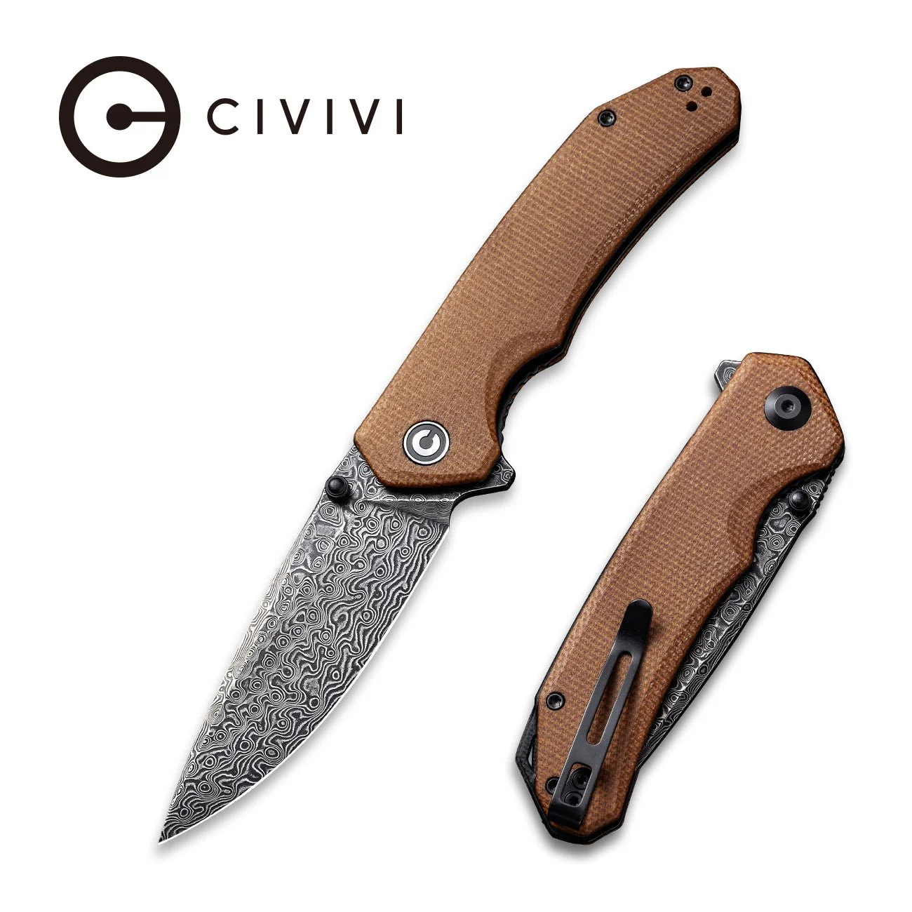 CIVIVI Brazen Flipper & Thumb Stud Knife Micarta Handle (3.46" Damascus Blade) C2102DS-1