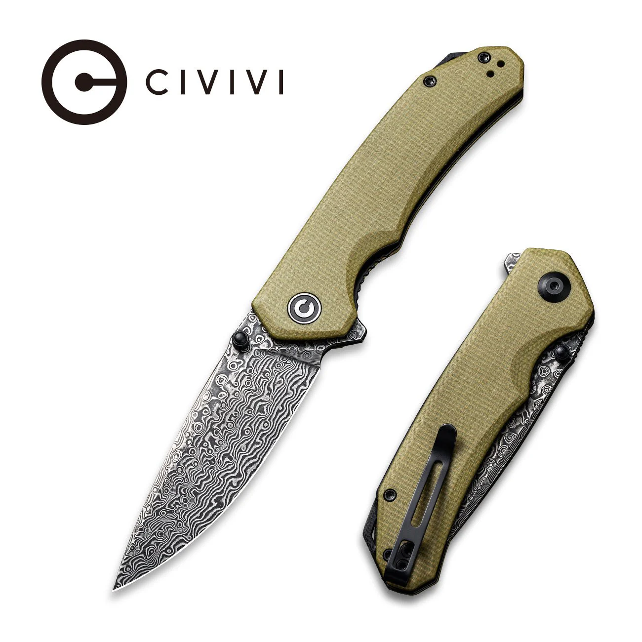 CIVIVI Brazen Flipper & Thumb Stud Knife Micarta Handle (3.46" Damascus Blade) C2102DS-2