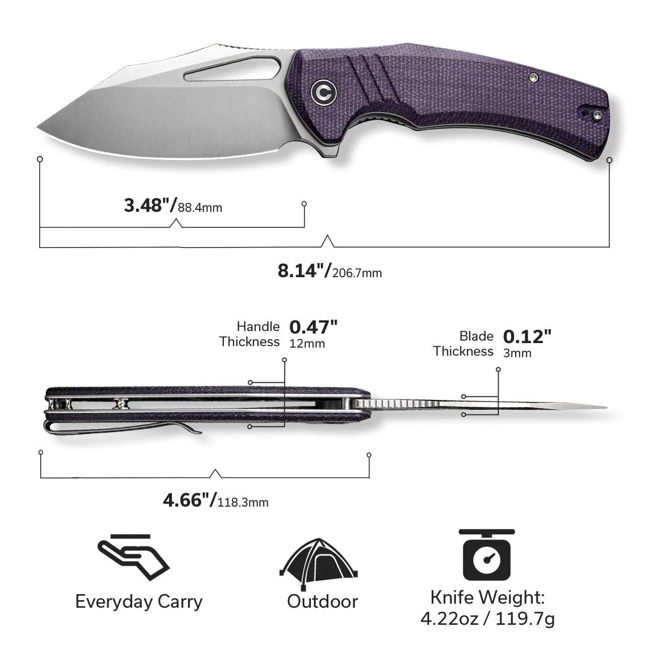 CIVIVI BullTusk Flipper & Thumb Hole Knife Micarta Handle (3.48" 14C28N Blade) C23017-3 - Image 2