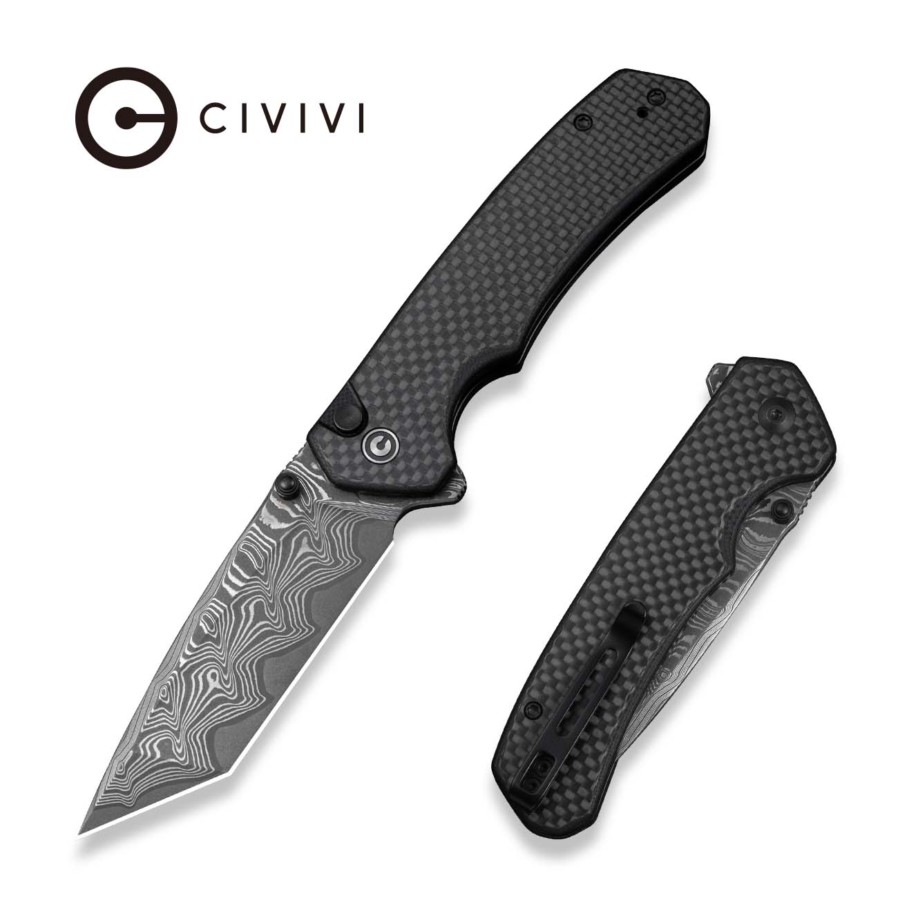 CIVIVI Button Lock Brazen Flipper & Thumb Stud Knife Twill Carbon Fiber Overlay On Black G10 Handle (3.46" Damascus Blade) C19059C-DS1