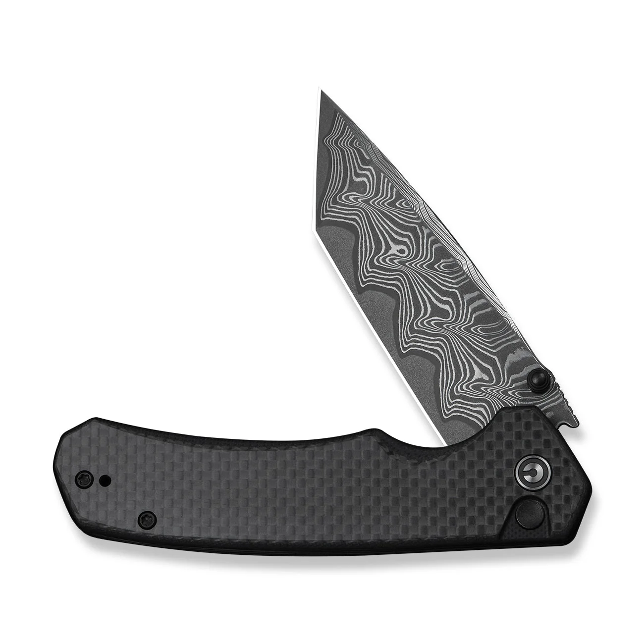 CIVIVI Button Lock Brazen Flipper & Thumb Stud Knife Twill Carbon Fiber Overlay On Black G10 Handle (3.46" Damascus Blade) C19059C-DS1 - Image 11