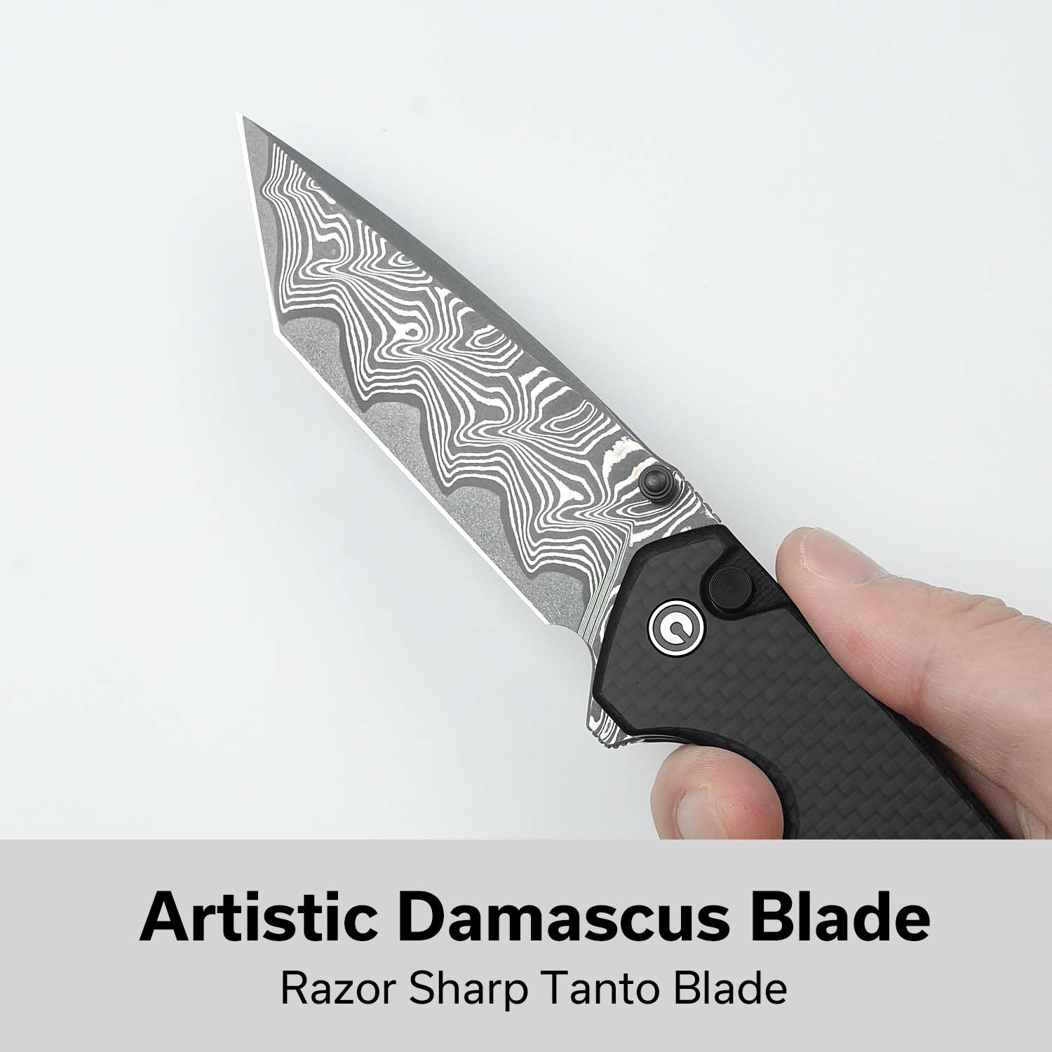 CIVIVI Button Lock Brazen Flipper & Thumb Stud Knife Twill Carbon Fiber Overlay On Black G10 Handle (3.46" Damascus Blade) C19059C-DS1 - Image 2