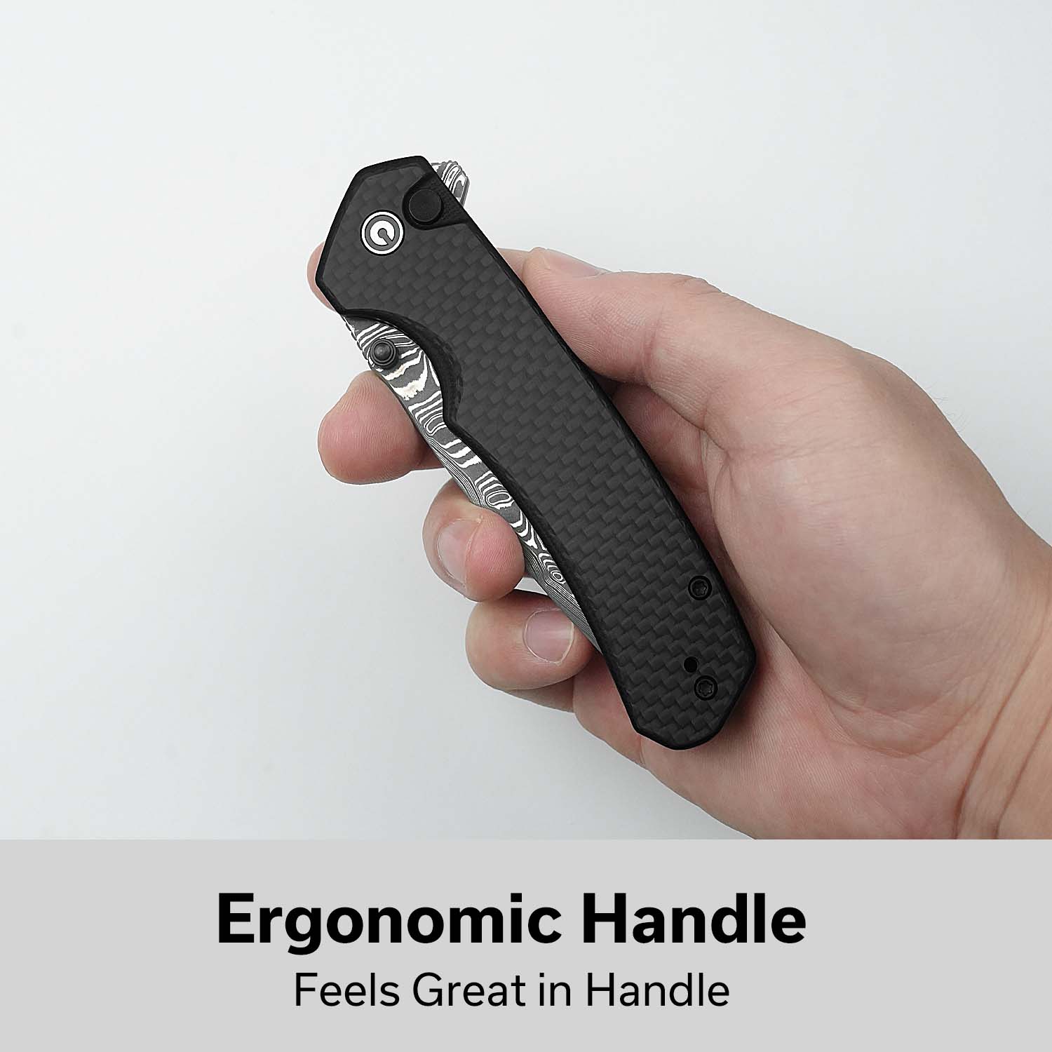CIVIVI Button Lock Brazen Flipper & Thumb Stud Knife Twill Carbon Fiber Overlay On Black G10 Handle (3.46" Damascus Blade) C19059C-DS1 - Image 4