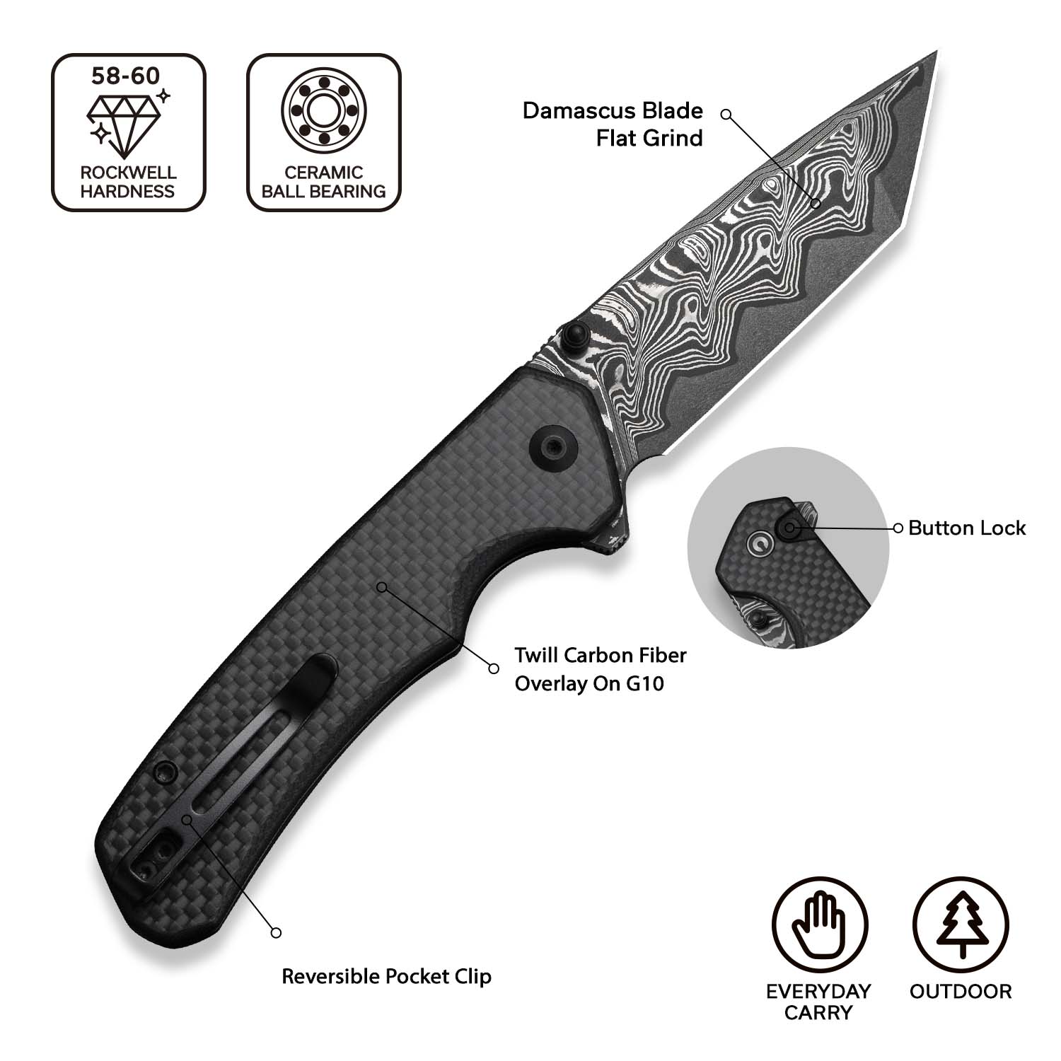 CIVIVI Button Lock Brazen Flipper & Thumb Stud Knife Twill Carbon Fiber Overlay On Black G10 Handle (3.46" Damascus Blade) C19059C-DS1 - Image 6