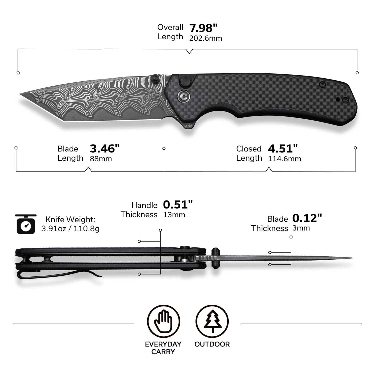 CIVIVI Button Lock Brazen Flipper & Thumb Stud Knife Twill Carbon Fiber Overlay On Black G10 Handle (3.46" Damascus Blade) C19059C-DS1 - Image 7