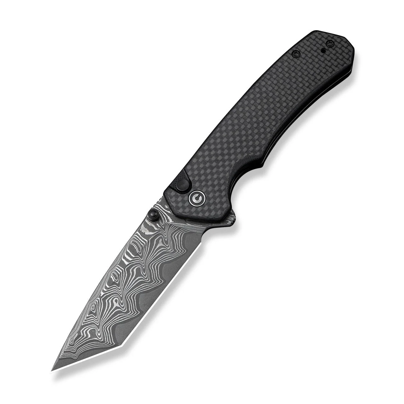 CIVIVI Button Lock Brazen Flipper & Thumb Stud Knife Twill Carbon Fiber Overlay On Black G10 Handle (3.46" Damascus Blade) C19059C-DS1 - Image 9