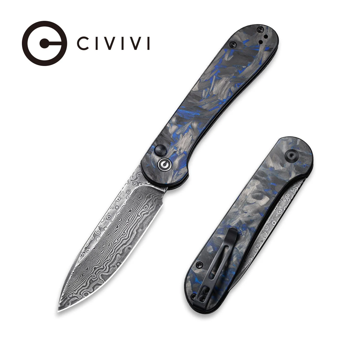 CIVIVI Button Lock Elementum Pocket Knife Carbon Fiber Handle (3.47" Damascus Blade) C2103DS-1