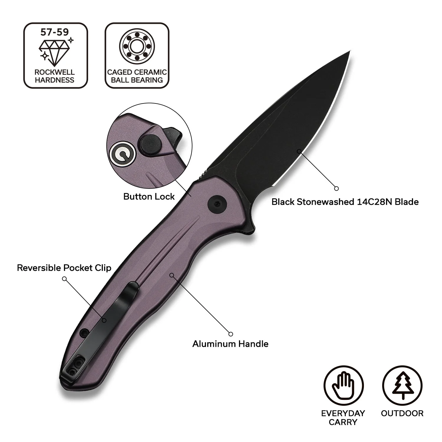 CIVIVI Button Lock Kitefin Flipper Knife Aluminum Handle (3.22" 14C28N Blade) C24091-3 - Image 5