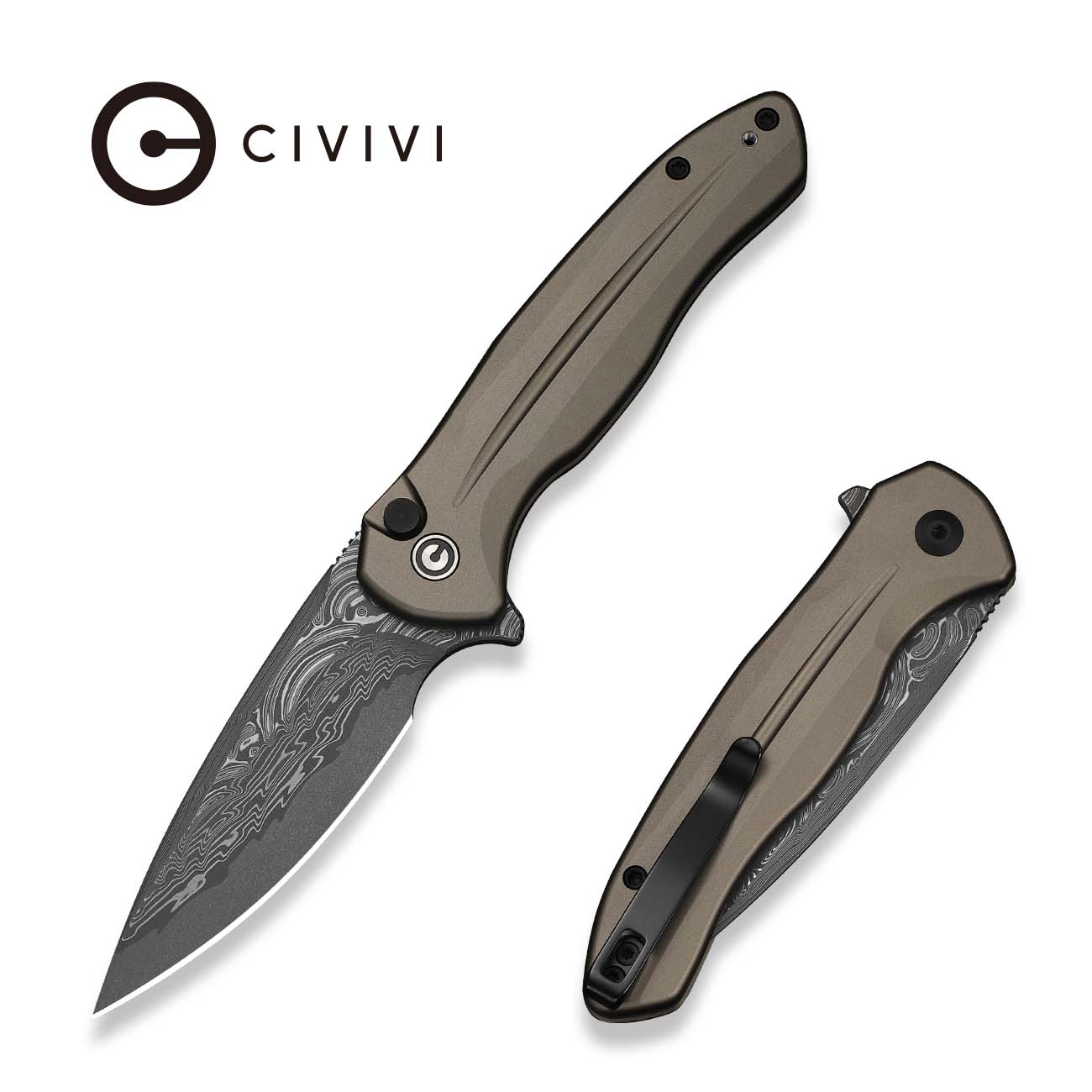 CIVIVI Button Lock Kitefin Flipper Knife Aluminum Handle (3.22" Damascus Blade) C24091-DS1