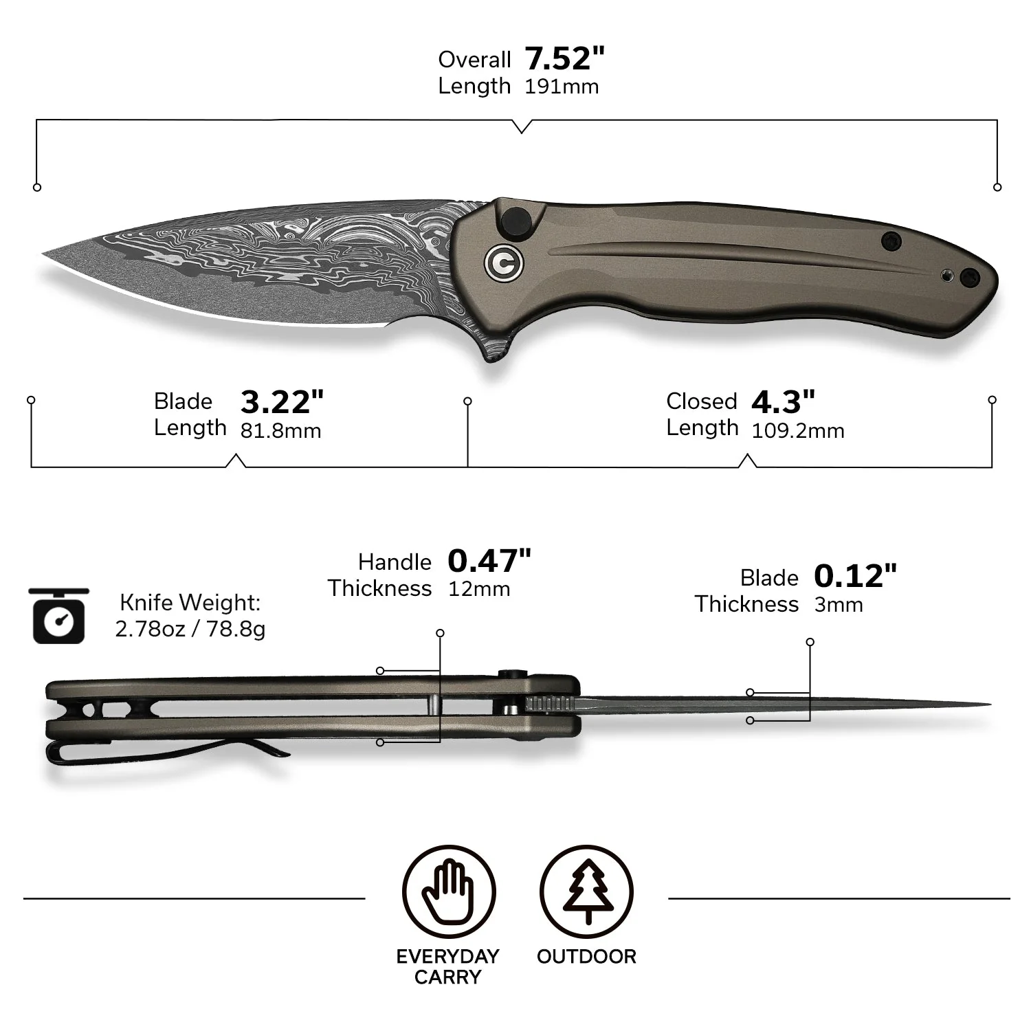 CIVIVI Button Lock Kitefin Flipper Knife Aluminum Handle (3.22" Damascus Blade) C24091-DS1 - Image 6
