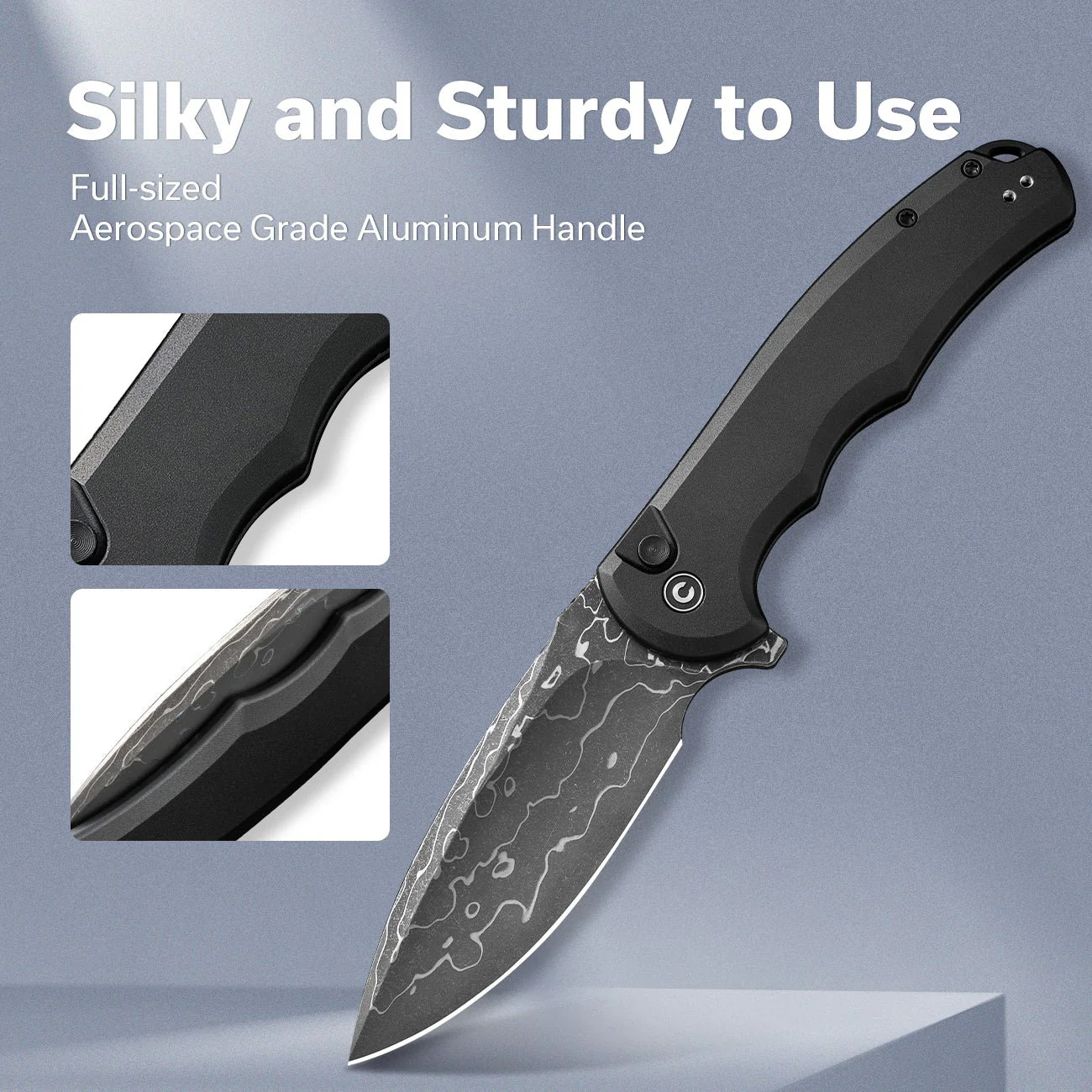 CIVIVI Button Lock Praxis Flipper Knife Aluminum Handle (3.75" Damascus Blade) C18026E-DS1 - Image 4