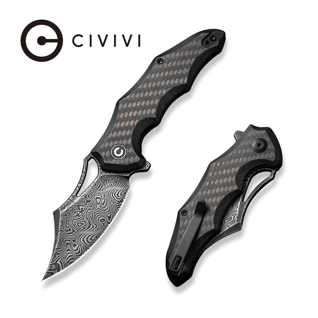 CIVIVI Chiro Flipper & Thumb Hole Knife Carbon Fiber & G10 Handle (3.1" Damascus Blade) C23046-DS1
