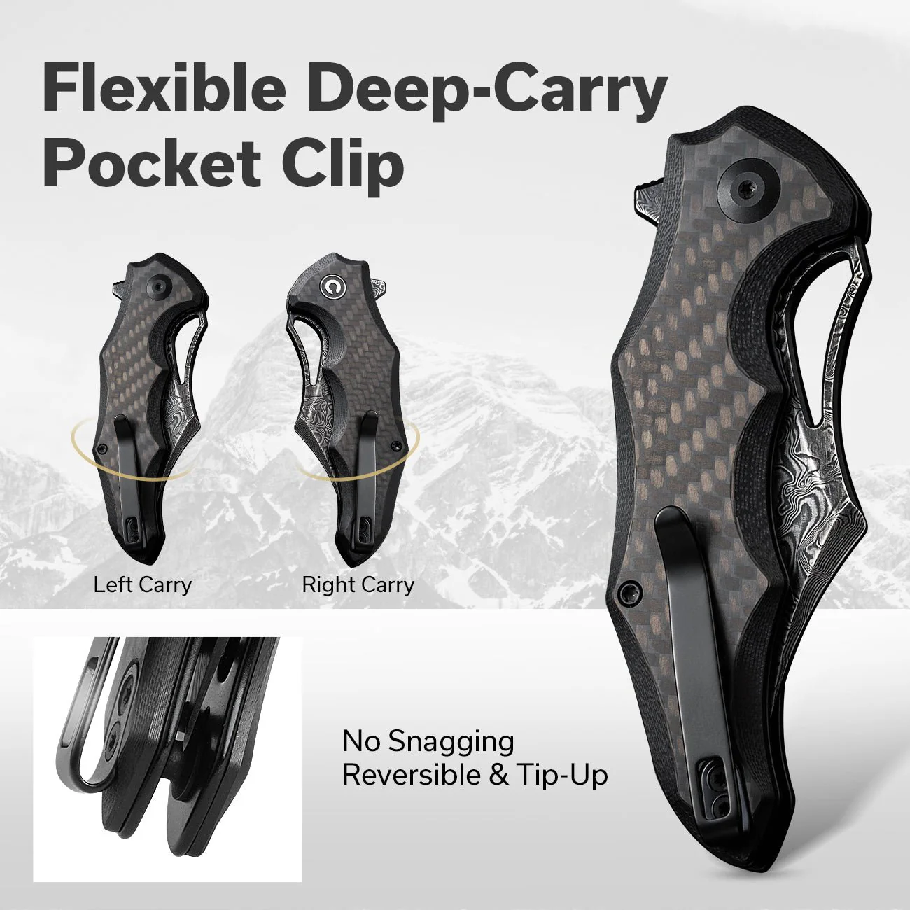 CIVIVI Chiro Flipper & Thumb Hole Knife Carbon Fiber & G10 Handle (3.1" Damascus Blade) C23046-DS1 - Image 5