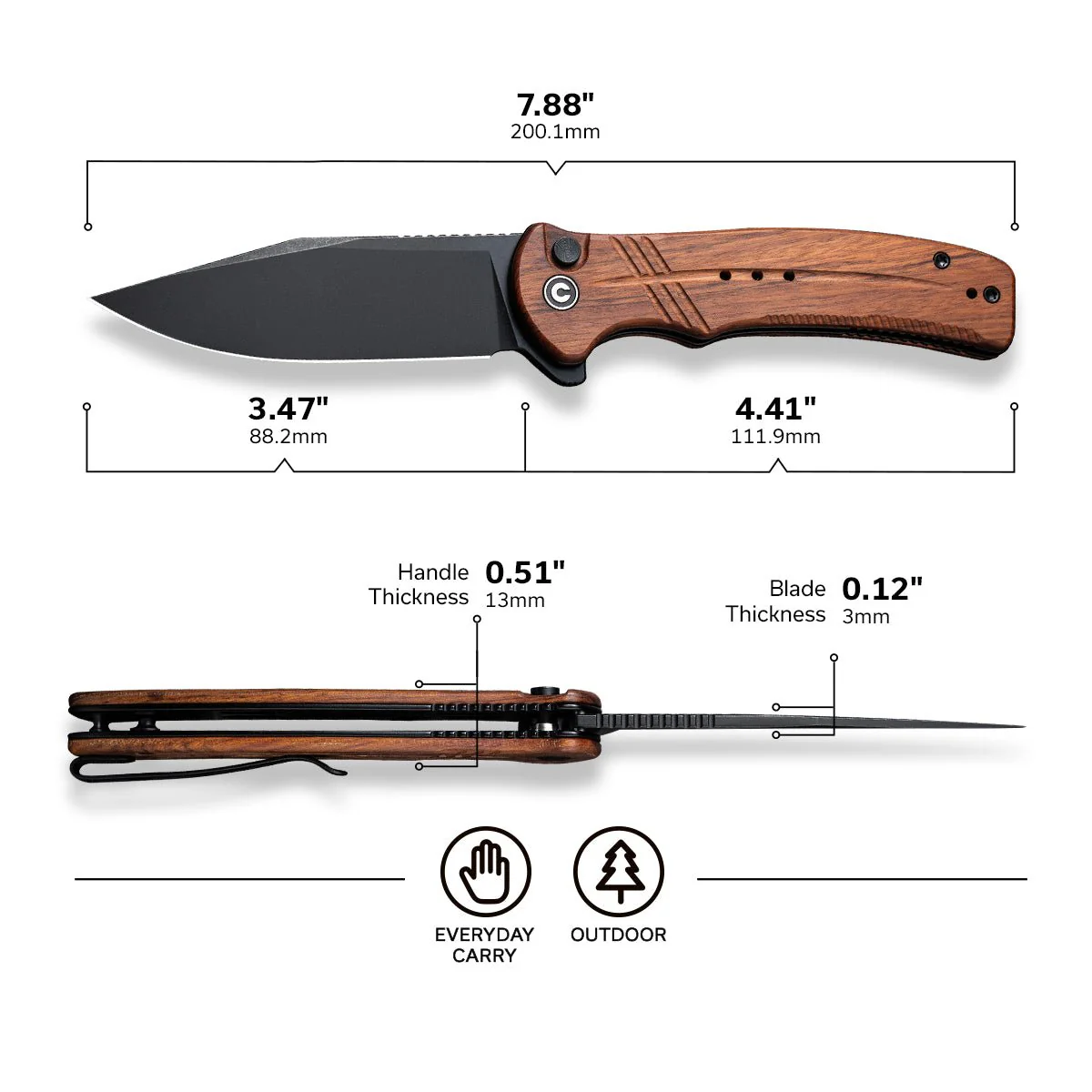 CIVIVI Cogent Flipper & Button Lock Knife Wood Handle (3.47" 14C28N Blade) C20038D-8 - Image 2