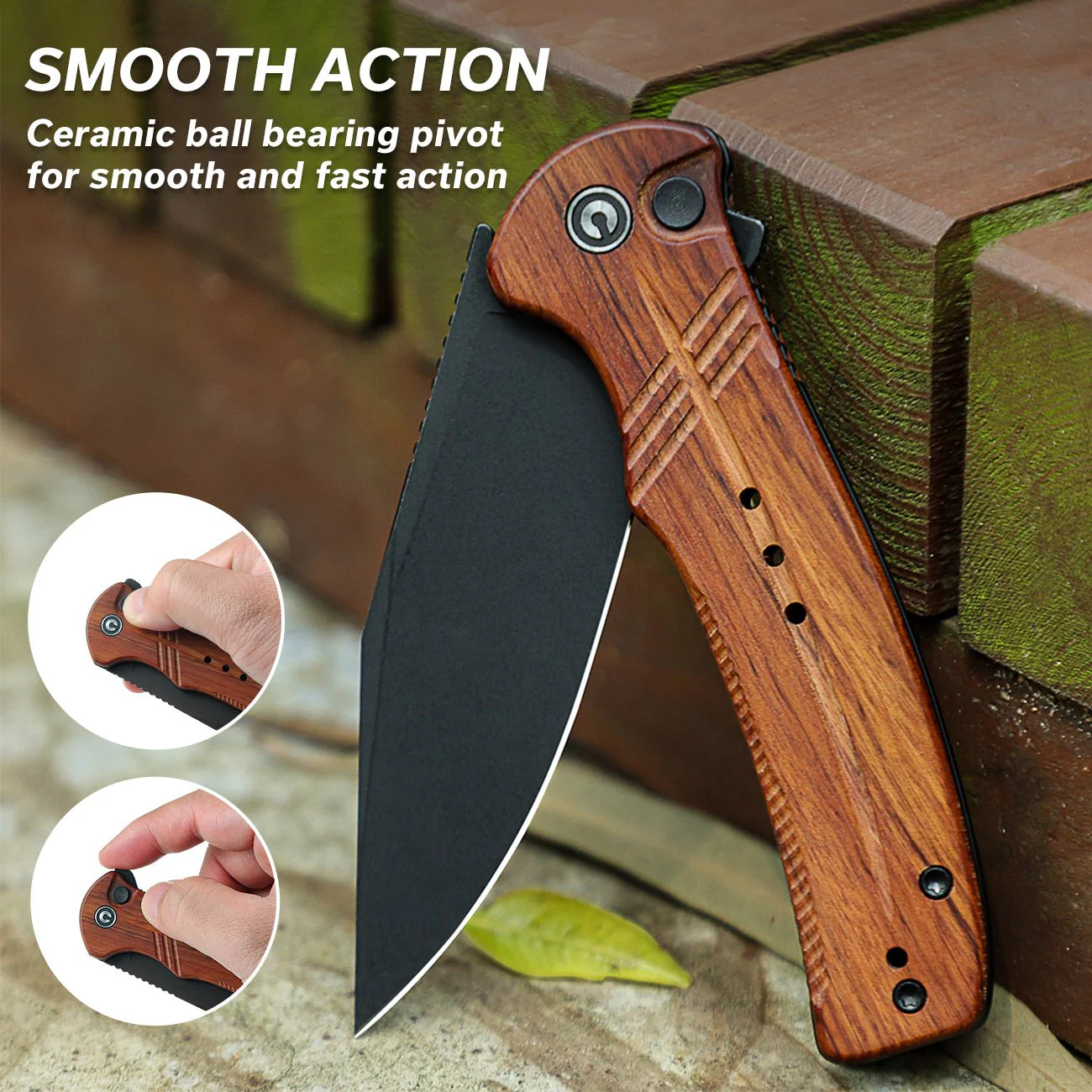 CIVIVI Cogent Flipper & Button Lock Knife Wood Handle (3.47" 14C28N Blade) C20038D-8 - Image 4