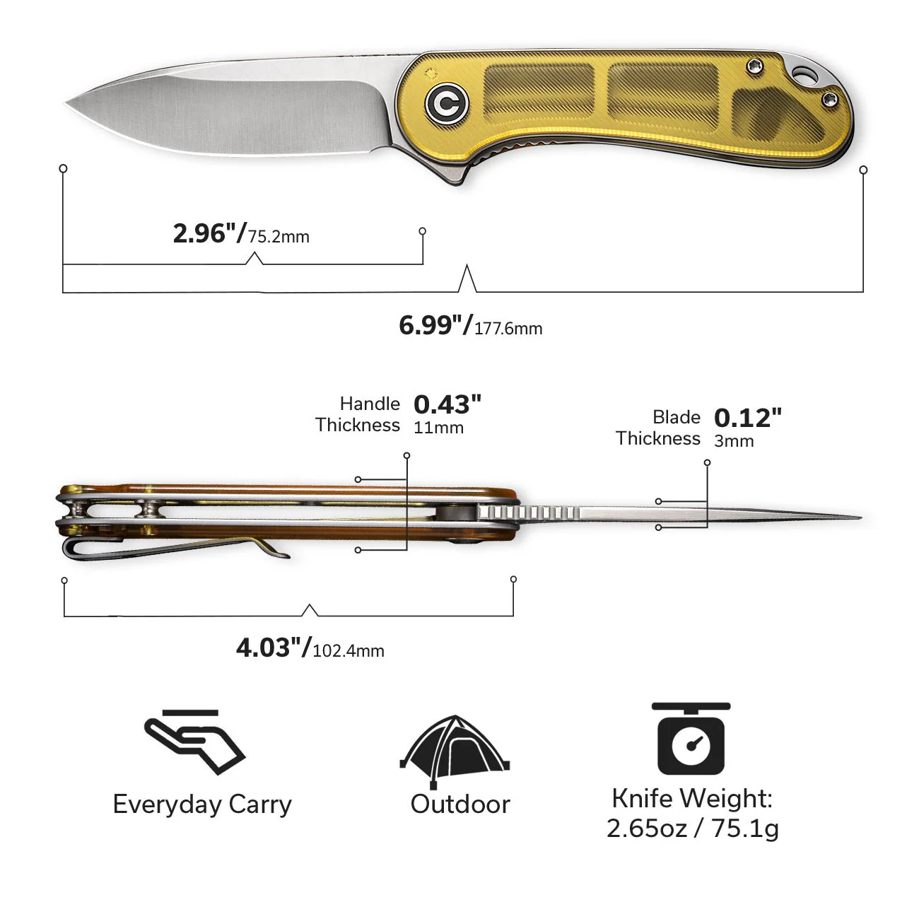 CIVIVI Elementum Flipper Knife Ultem Handle (2.96" D2 Blade) C907A-4 - Image 2
