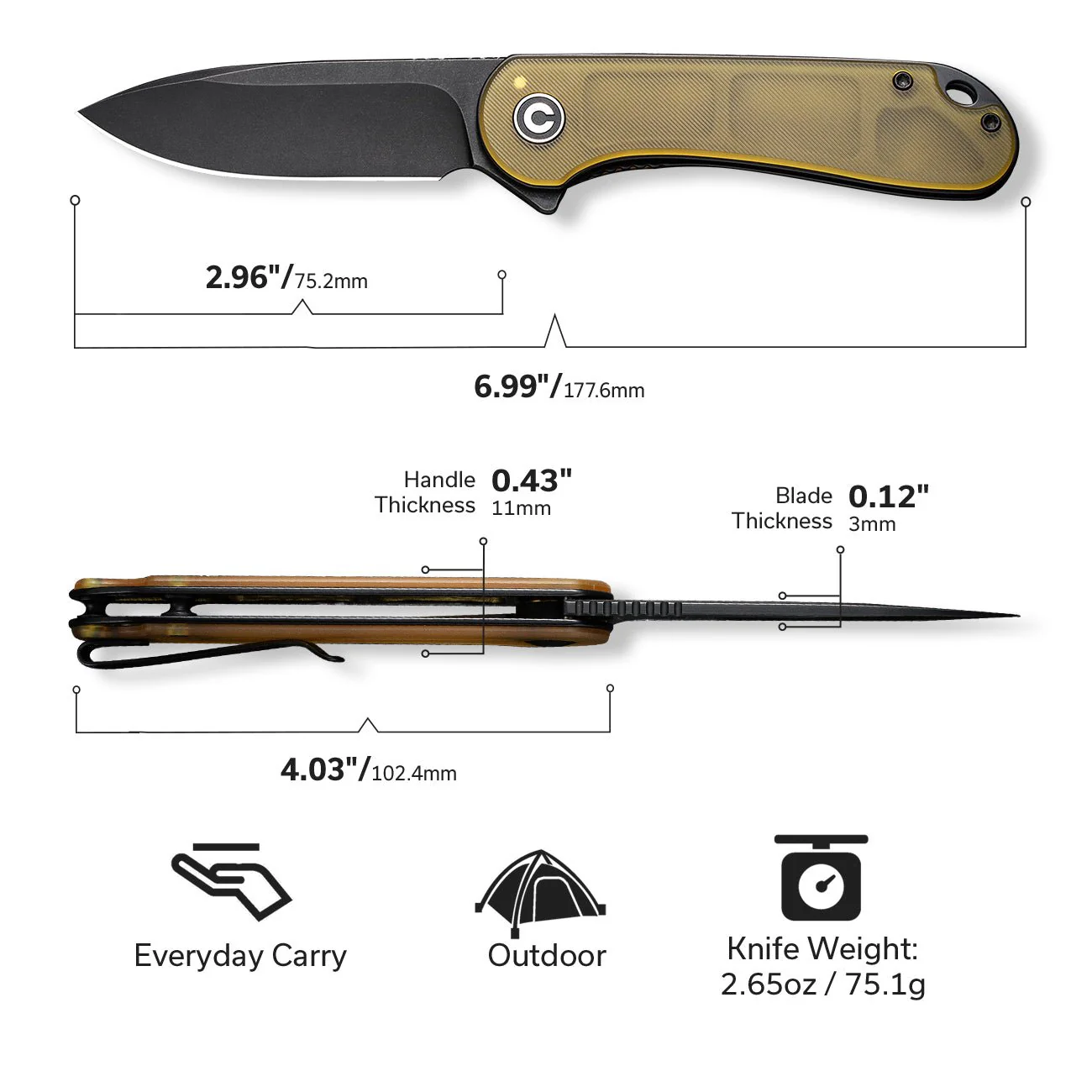 CIVIVI Elementum Flipper Knife Ultem Handle (2.96" D2 Blade) C907A-5 - Image 2