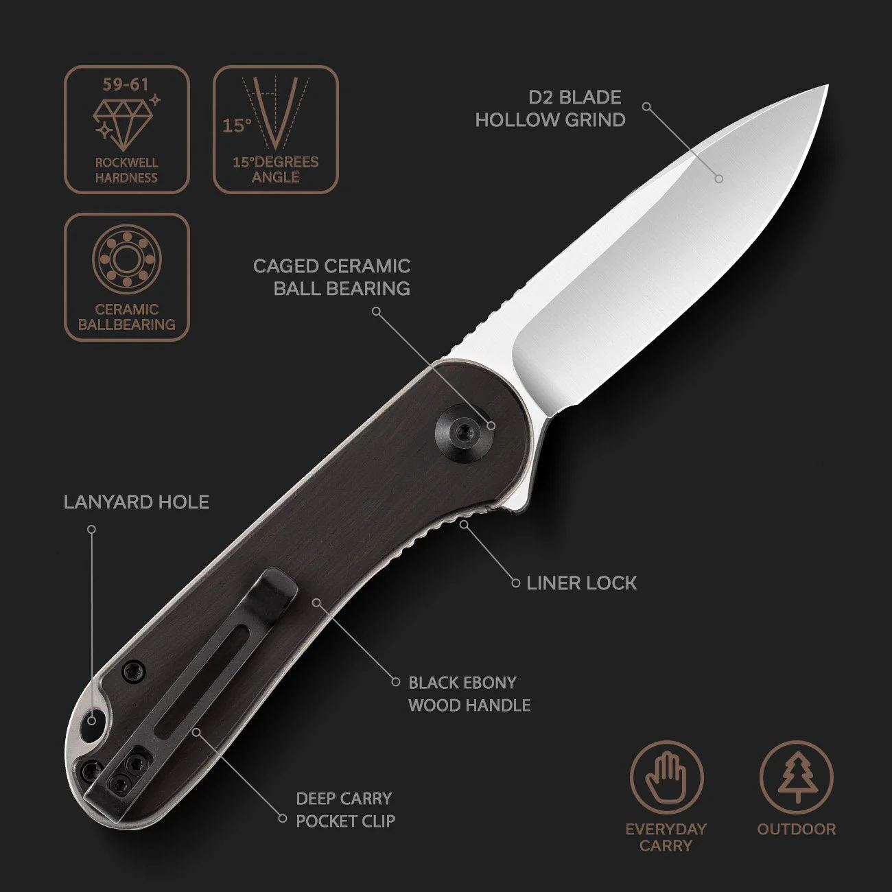 CIVIVI Elementum Flipper Knife Wood Handle (2.96" D2 Blade) C907D - Image 2