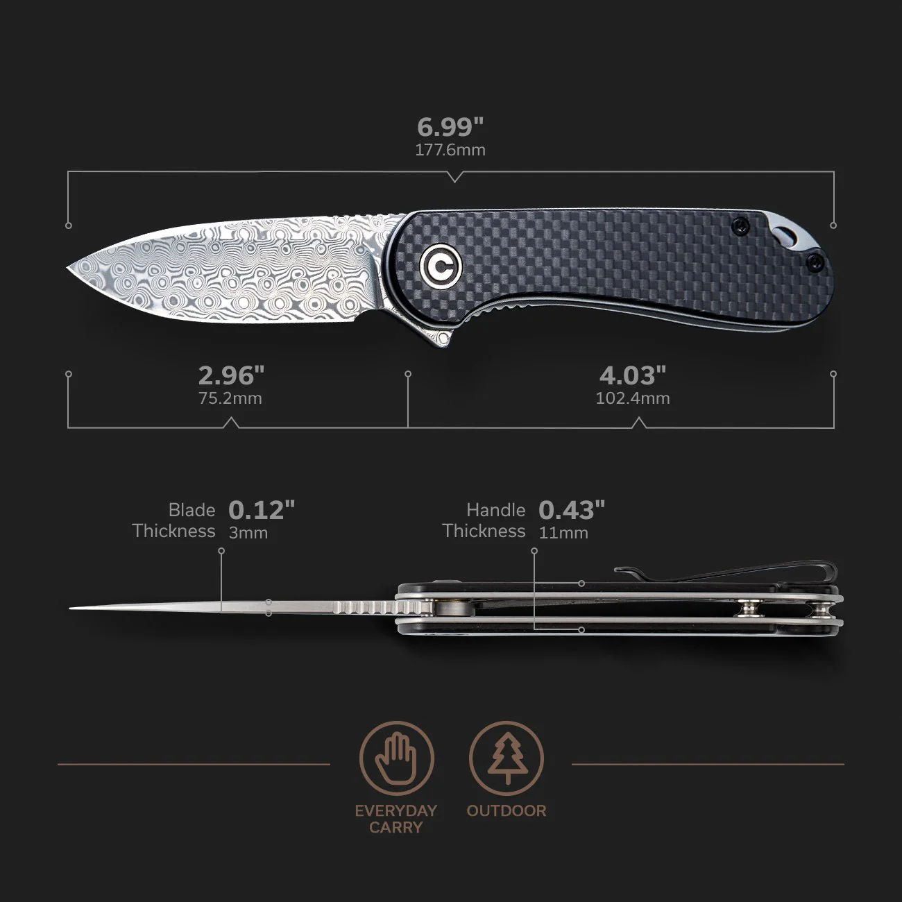 CIVIVI Elementum Flipper Knife Carbon Fiber & G10 Handle (2.96" Damascus Blade) C907DS - Image 3