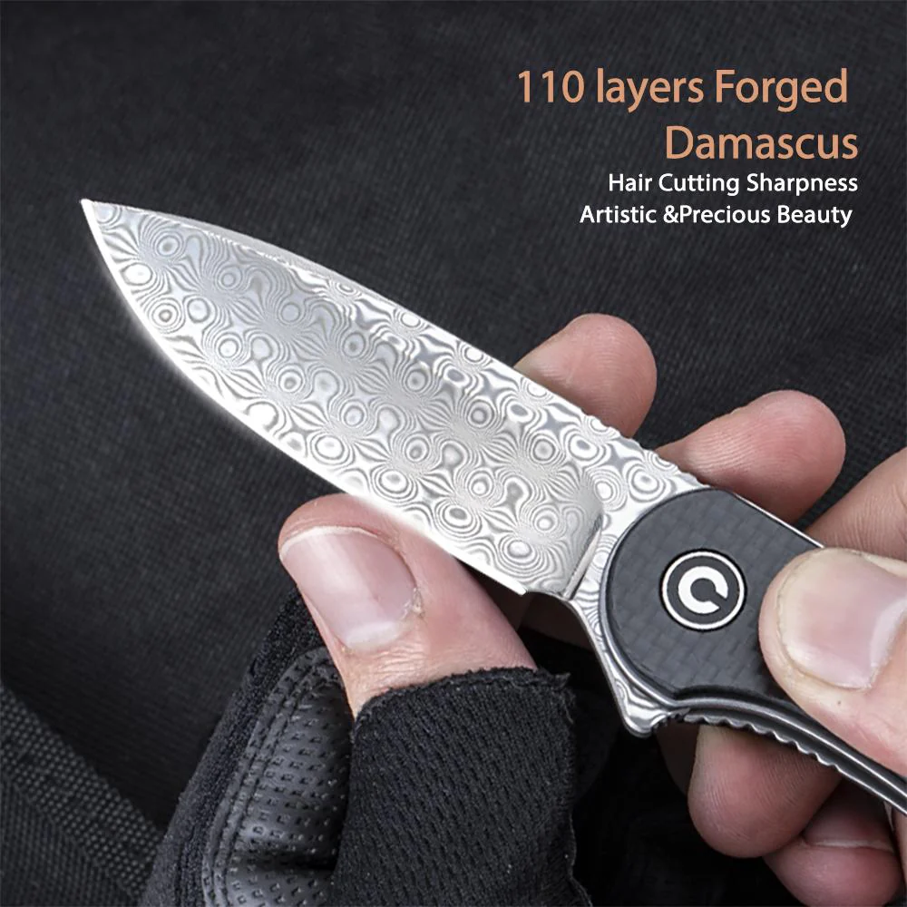 CIVIVI Elementum Flipper Knife Carbon Fiber & G10 Handle (2.96" Damascus Blade) C907DS - Image 4