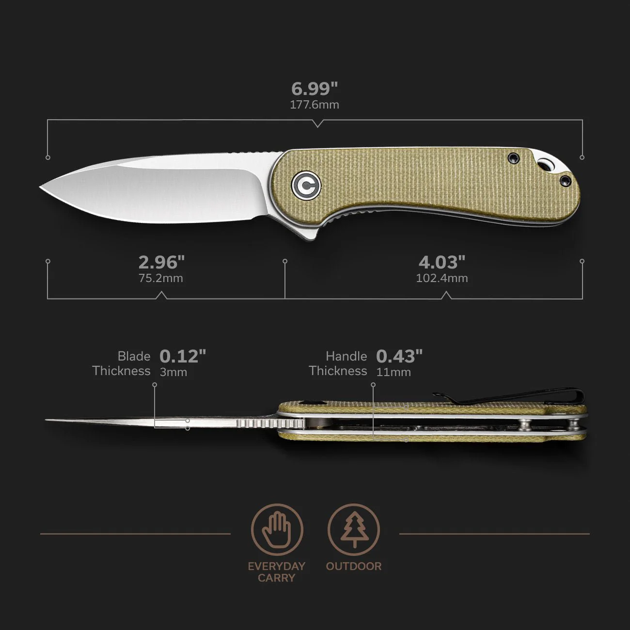 CIVIVI Elementum Flipper Knife Micarta Handle (2.96" D2 Blade) C907S - Image 3