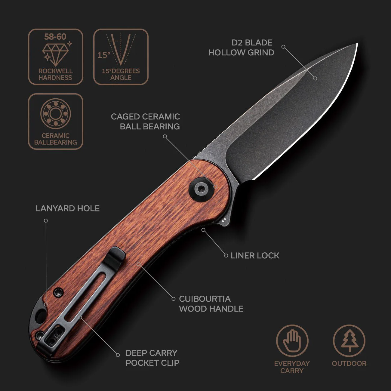 CIVIVI Elementum Flipper Knife Wood Handle (2.96" D2 Blade) C907U - Image 2