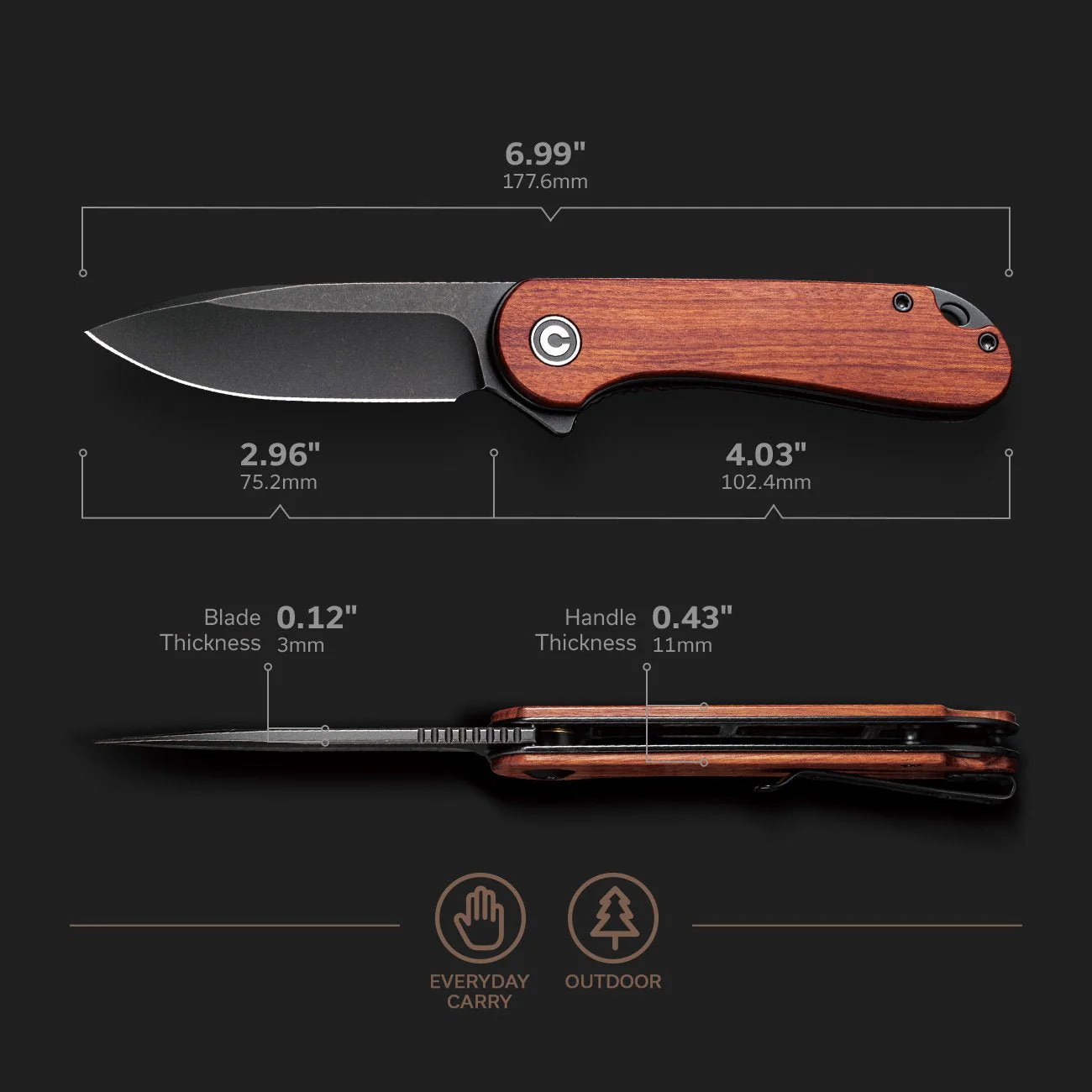 CIVIVI Elementum Flipper Knife Wood Handle (2.96" D2 Blade) C907U - Image 3