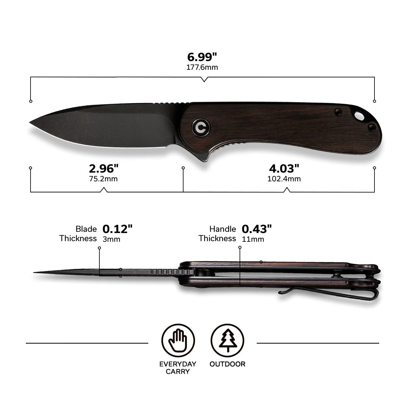 CIVIVI Elementum Flipper Knife Wood Handle (2.96" D2 Blade) C907W - Image 3