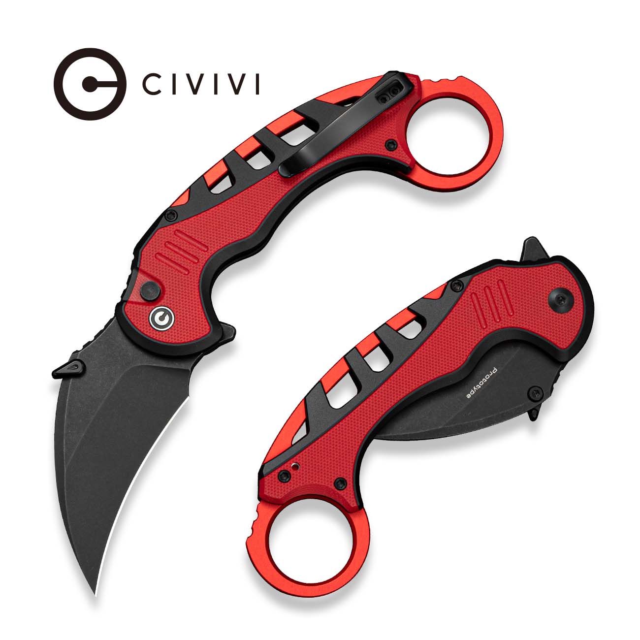 CIVIVI Entelodon Flipper & Button Lock Knife Black Aluminum & Red G10 Handle (2.6" Black Stonewashed 14C28N Blade) C25064 Sample1