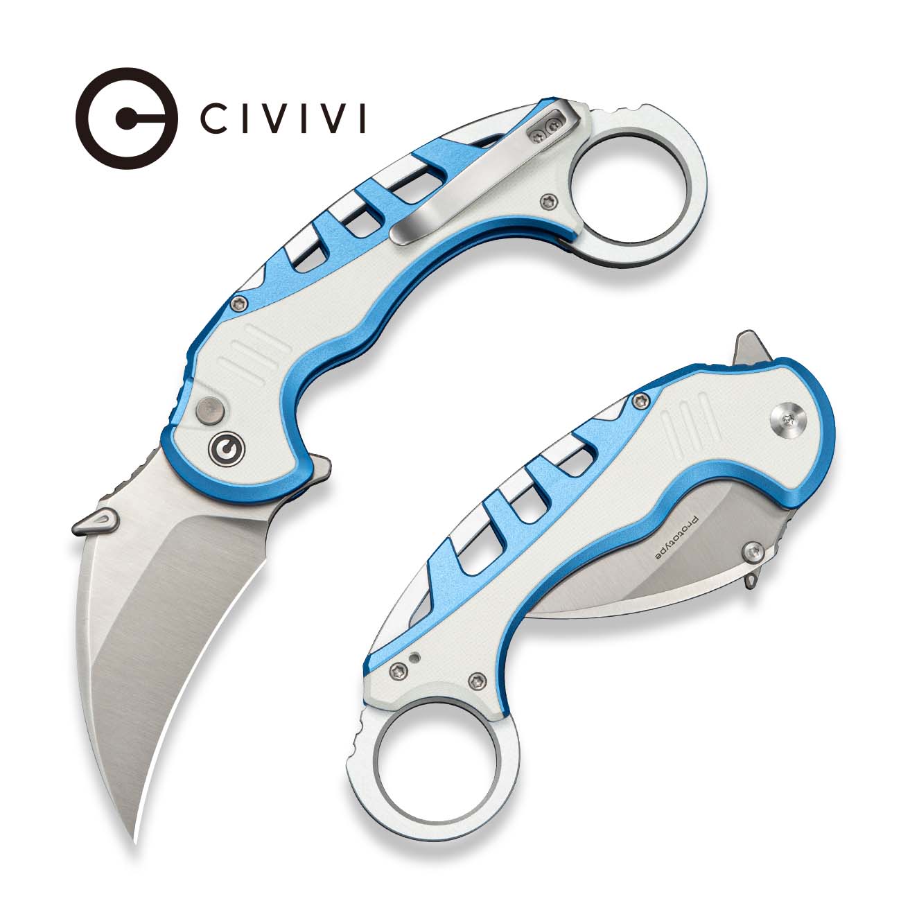 CIVIVI Entelodon Flipper & Button Lock Knife Blue Aluminum & White G10 Handle (2.6" Satin Finished 14C28N Blade) C25064 Sample2