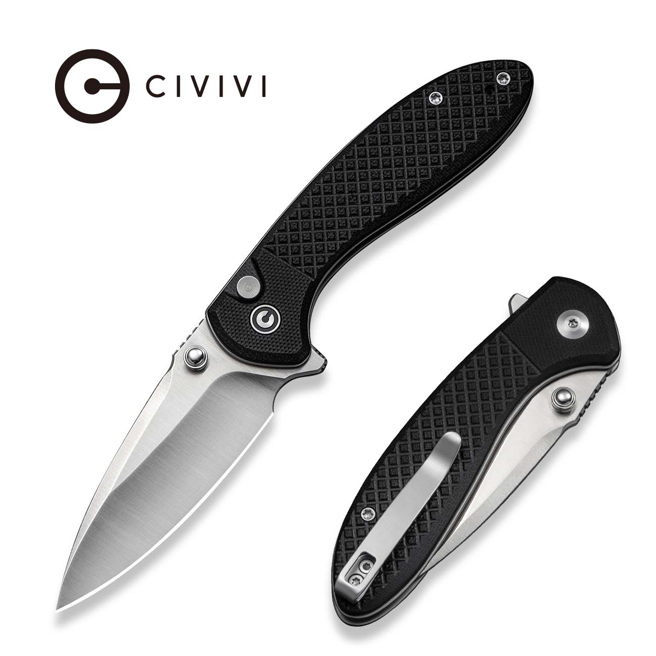 CIVIVI Faeger Flipper & Thumb Stud & Button Lock Knife Milled Black G10 Handle (2.98" Satin Finished 14C28N Blade) C24031-1