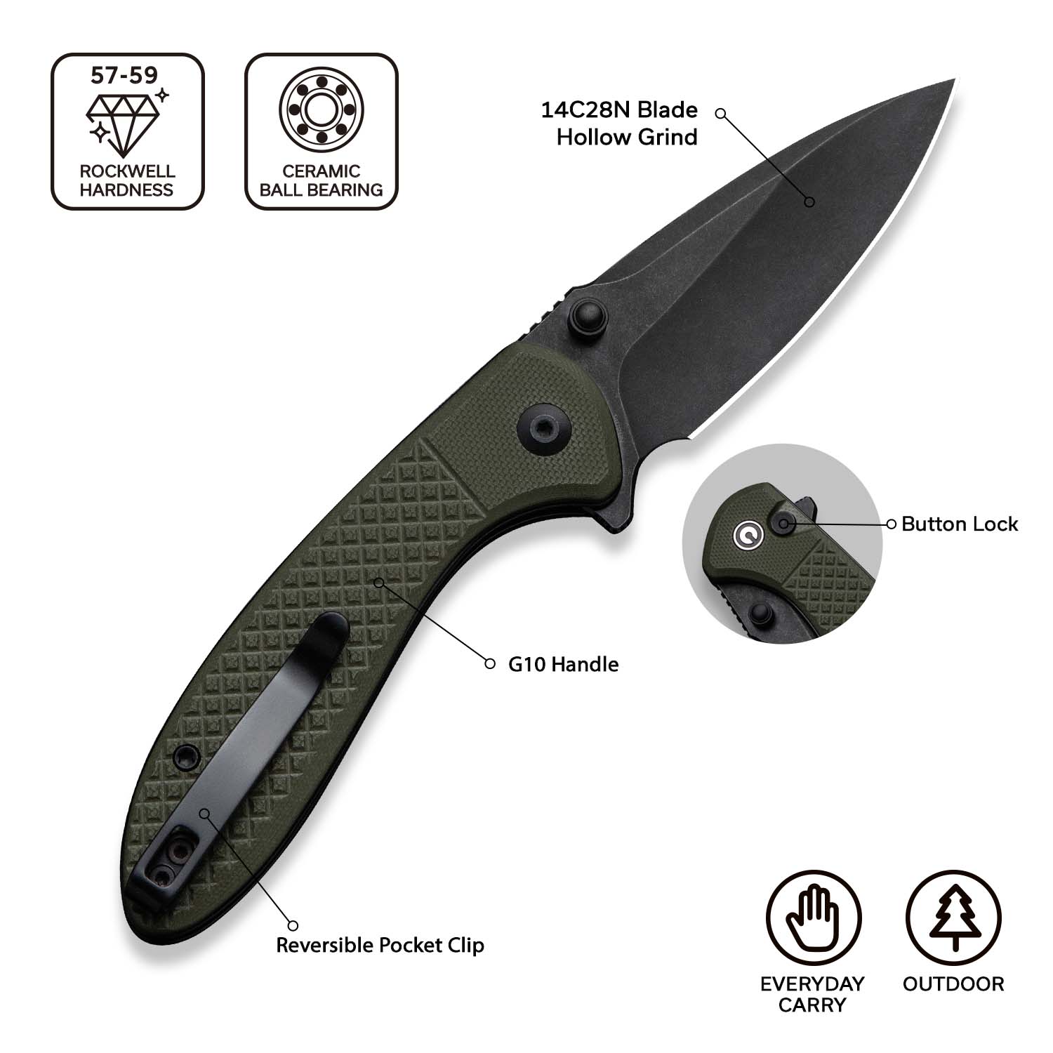 CIVIVI Faeger Flipper & Thumb Stud & Button Lock Knife Milled OD Green G10 Handle (2.98" Black Stonewashed 14C28N Blade) C24031-2 - Image 6