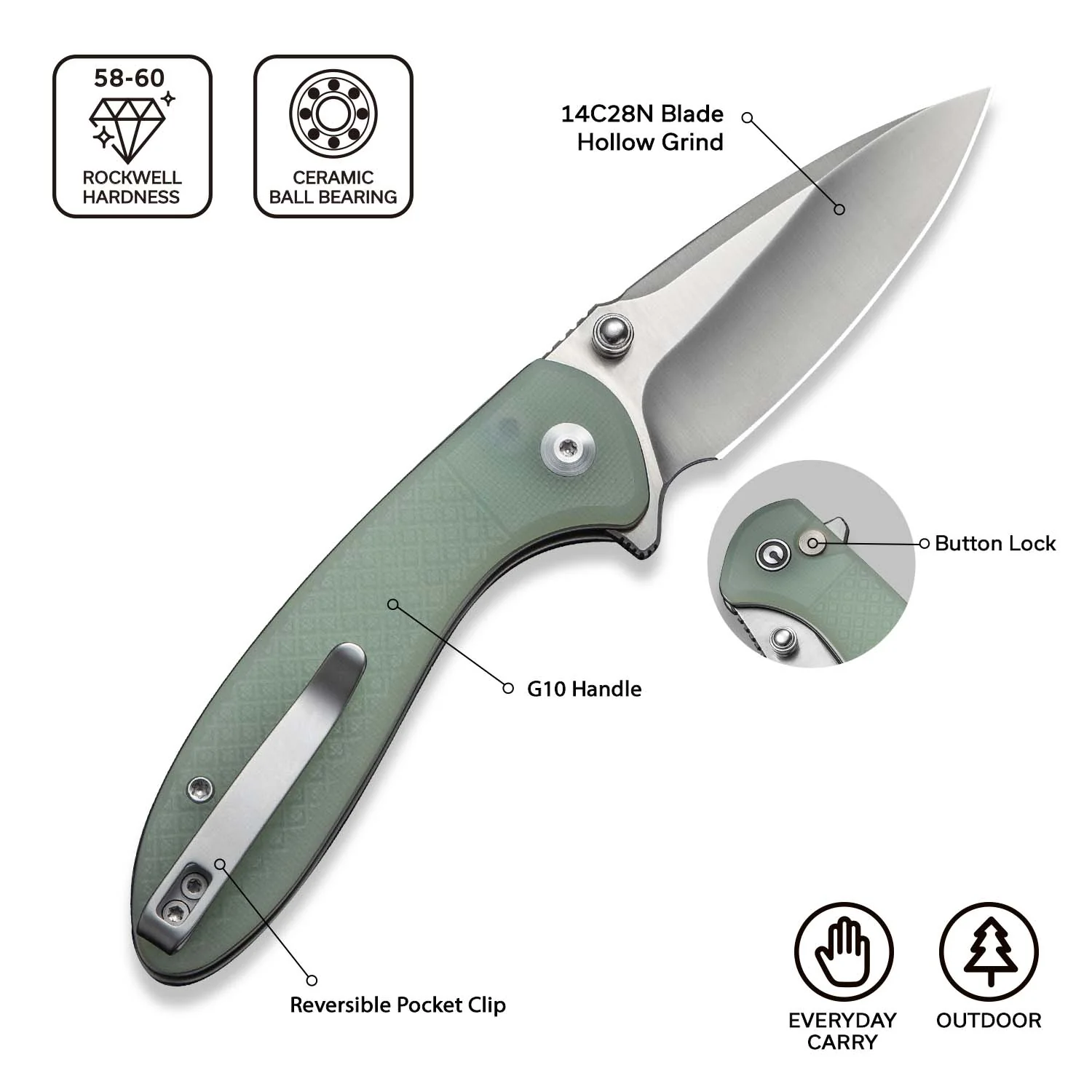 CIVIVI Faeger Flipper & Thumb Stud & Button Lock Knife Milled Natural G10 Handle (2.98" Satin Finished 14C28N Blade) C24031-3 - Image 6