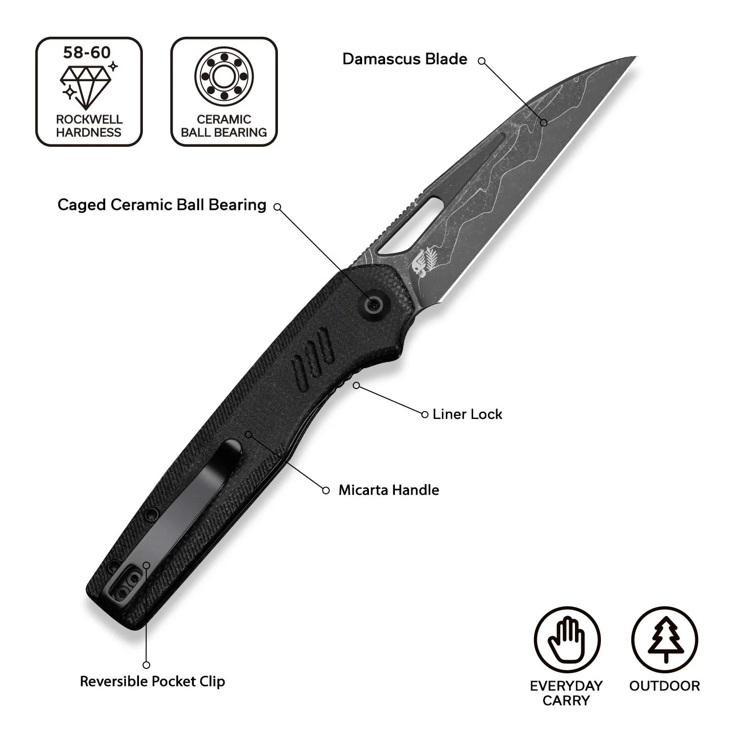 CIVIVI Guile Front Flipper & Thumb Hole Knife Micarta Handle (3.25" Damascus Blade) C24062B-DS1 - Image 7