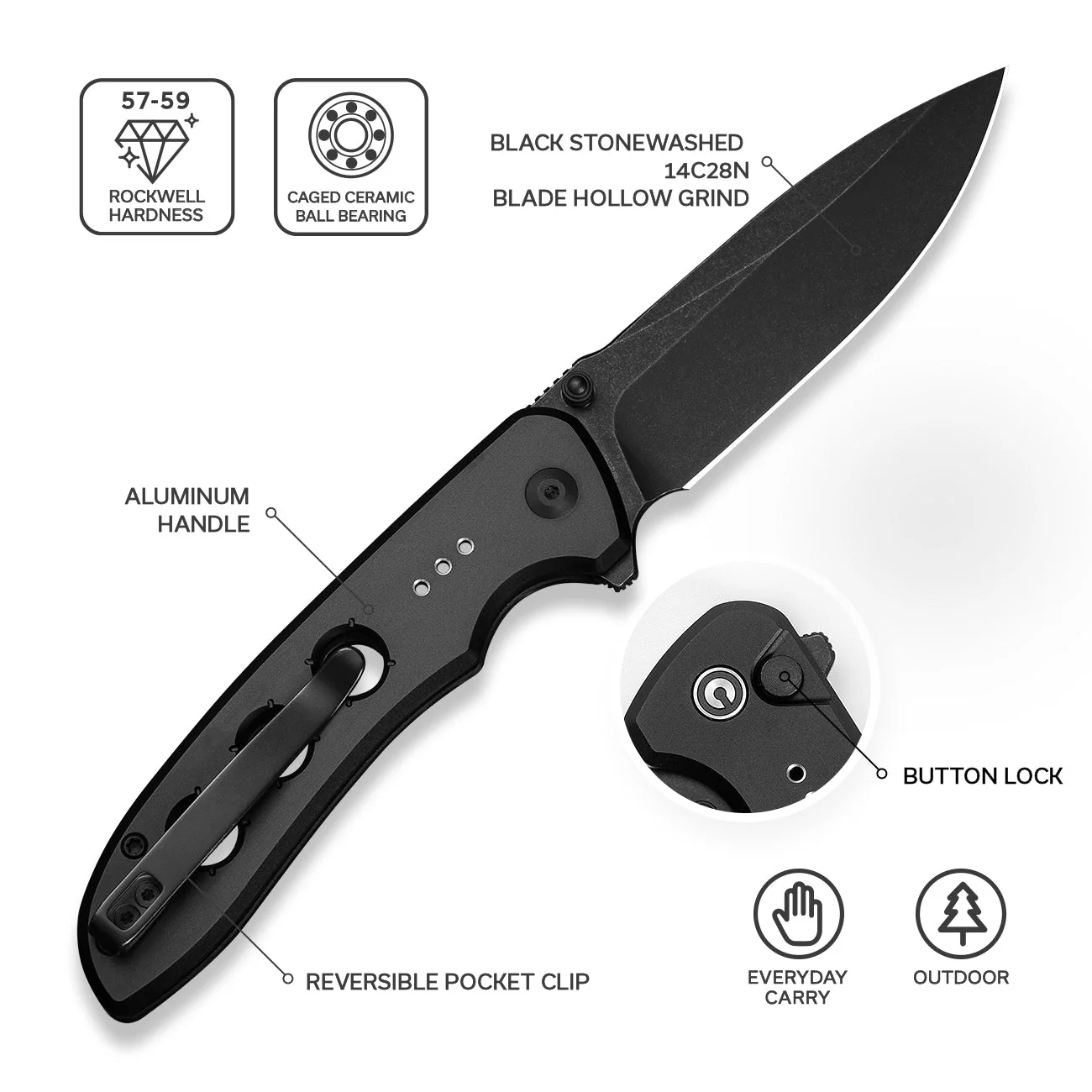CIVIVI Hyperpulse Flipper & Thumb Stud & Button Lock Knife Aluminum Handle (3.5" 14C28N Blade) C23087A-1 - Image 2