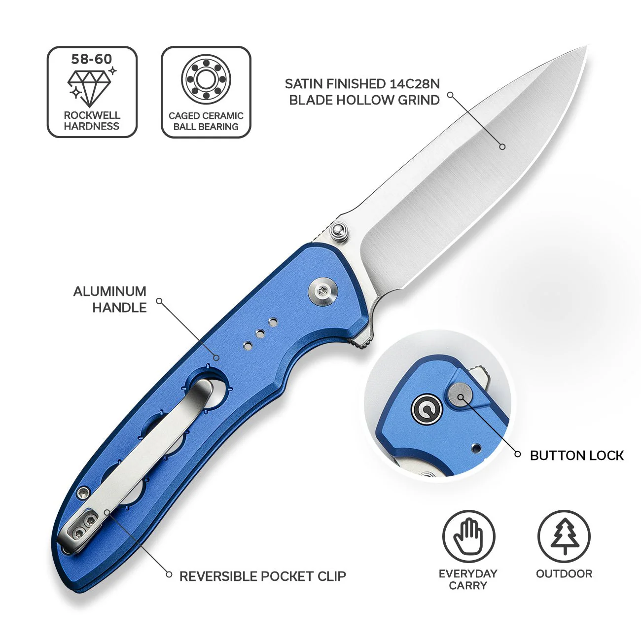 CIVIVI Hyperpulse Flipper & Thumb Stud & Button Lock Knife Aluminum Handle (3.5" 14C28N Blade) C23087A-2 - Image 2