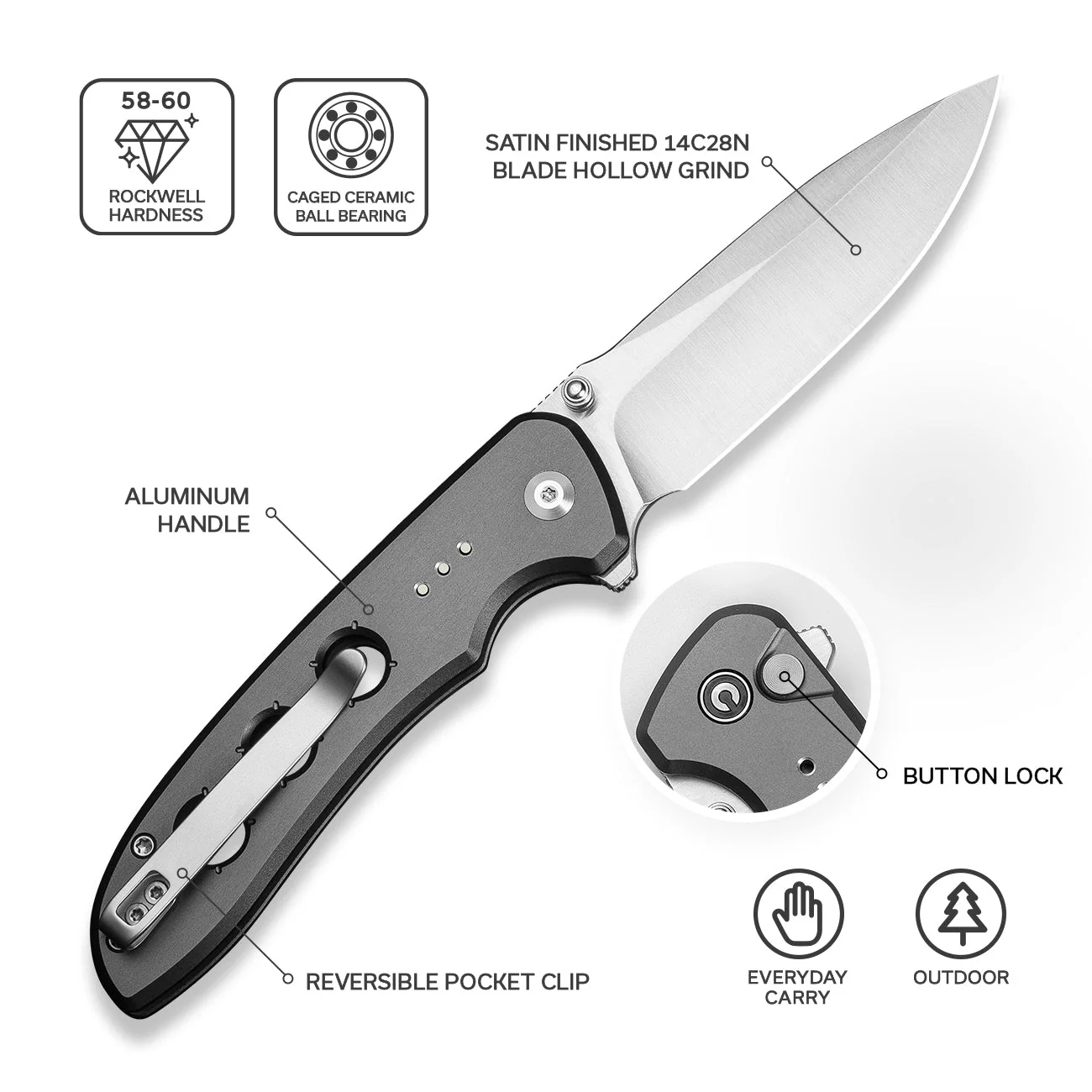 CIVIVI Hyperpulse Flipper & Thumb Stud & Button Lock Knife Aluminum Handle (3.5" 14C28N Blade) C23087A-3 - Image 2