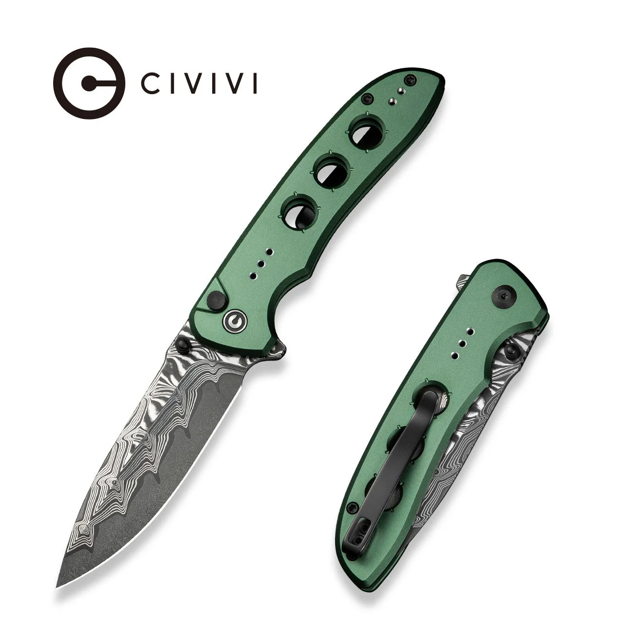 CIVIVI Hyperpulse Flipper & Thumb Stud & Button Lock Knife Aluminum Handle (3.5" Damascus Blade) C23087A-DS1