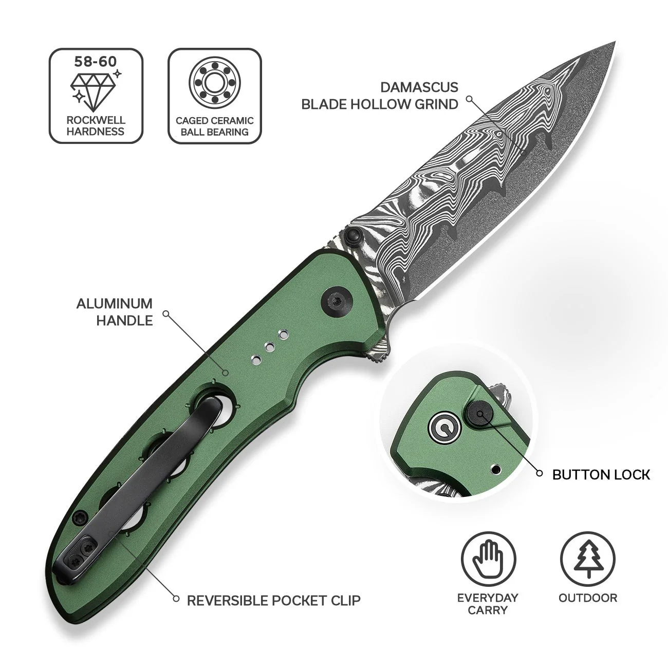 CIVIVI Hyperpulse Flipper & Thumb Stud & Button Lock Knife Aluminum Handle (3.5" Damascus Blade) C23087A-DS1 - Image 2