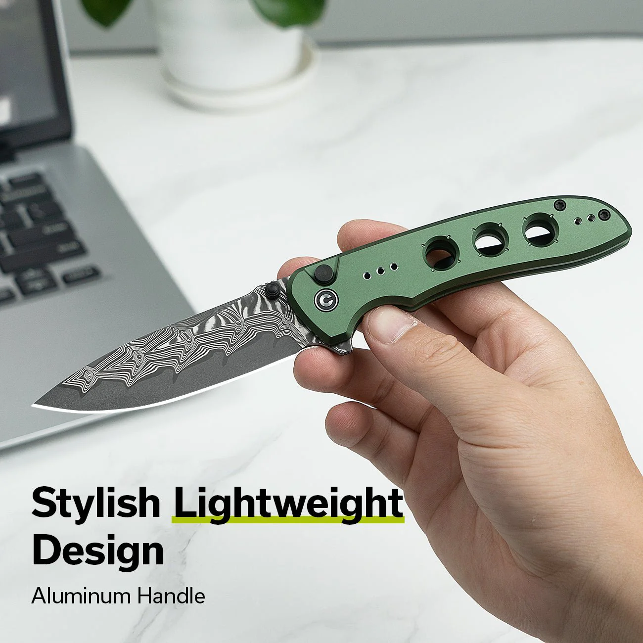 CIVIVI Hyperpulse Flipper & Thumb Stud & Button Lock Knife Aluminum Handle (3.5" Damascus Blade) C23087A-DS1 - Image 4