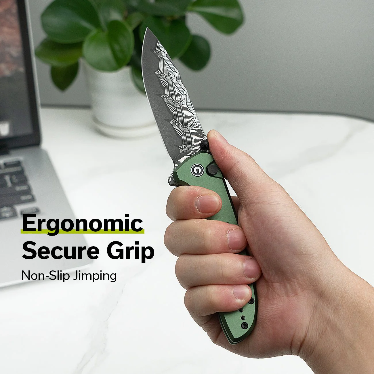 CIVIVI Hyperpulse Flipper & Thumb Stud & Button Lock Knife Aluminum Handle (3.5" Damascus Blade) C23087A-DS1 - Image 5